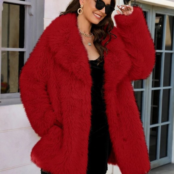 Lapel Neck Slant Pockets Faux fur Coat Red - Picture 1 of 7